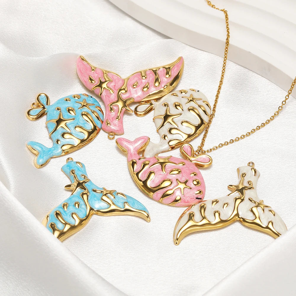 Fashion Whale Charm 18k Gold Plated Stainless Steel Enamel Mermaid Tail Zircon Pendant for DIY Necklace Jewelry Making