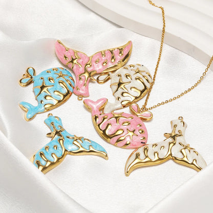 Fashion Whale Charm 18k Gold Plated Stainless Steel Enamel Mermaid Tail Zircon Pendant for DIY Necklace Jewelry Making