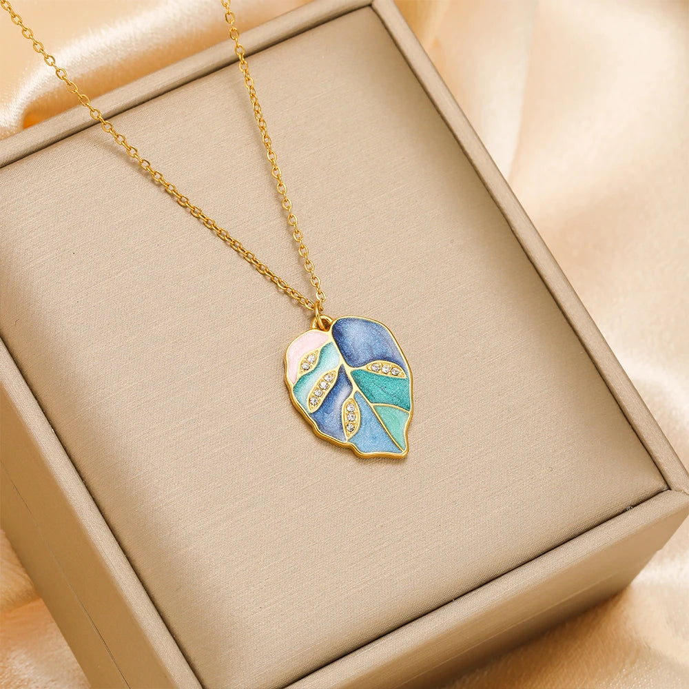 Fashion Stainless Steel 18k Gold Plated Colorful Enamel Leaf Charms Pendant for Jewelry Necklace Earrings Making Accessories