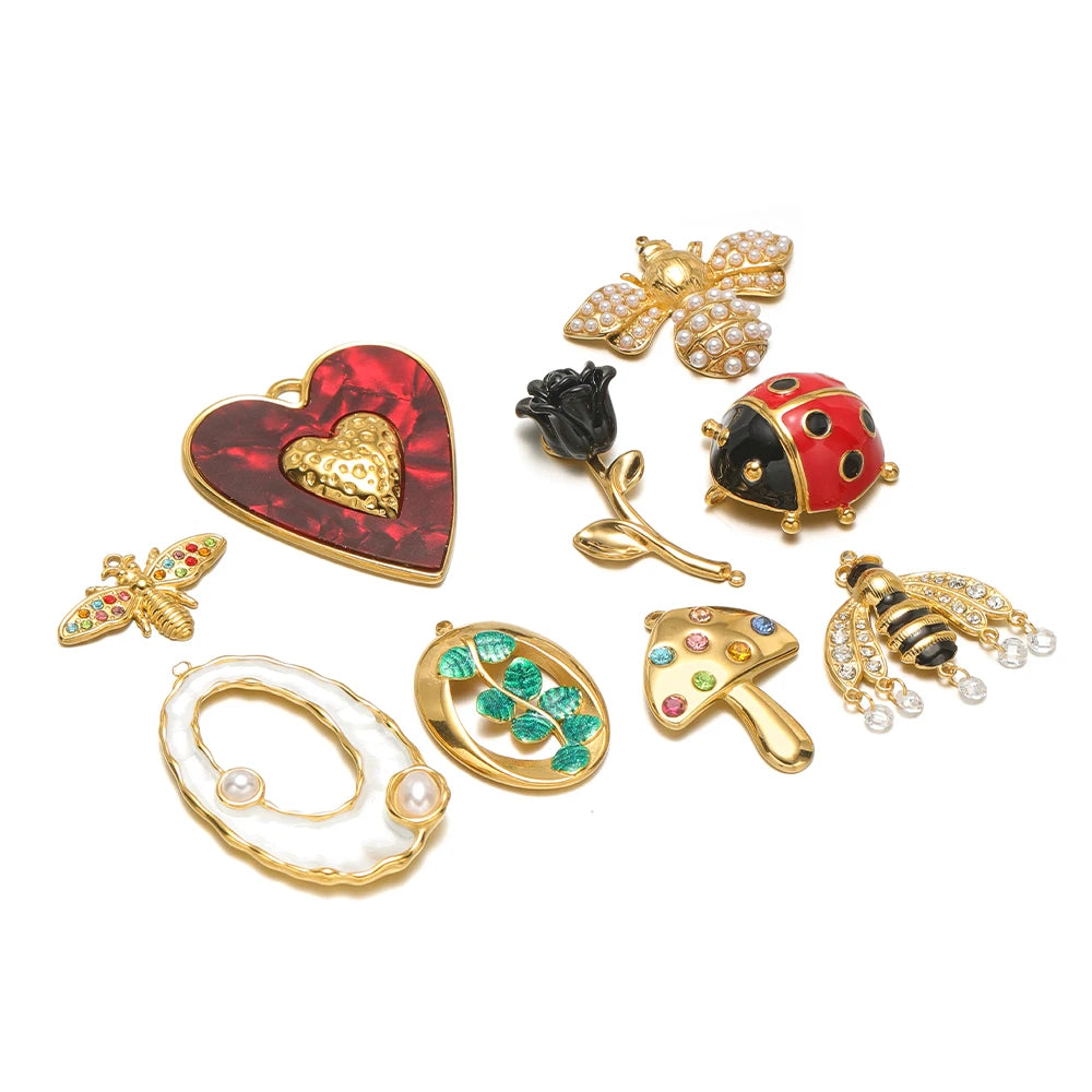 18k Gold Plated Stainless Steel Enamel Heart Rpse Flower Mushroom Charm Pendant for DIY Handmade Necklace Jewelry Making