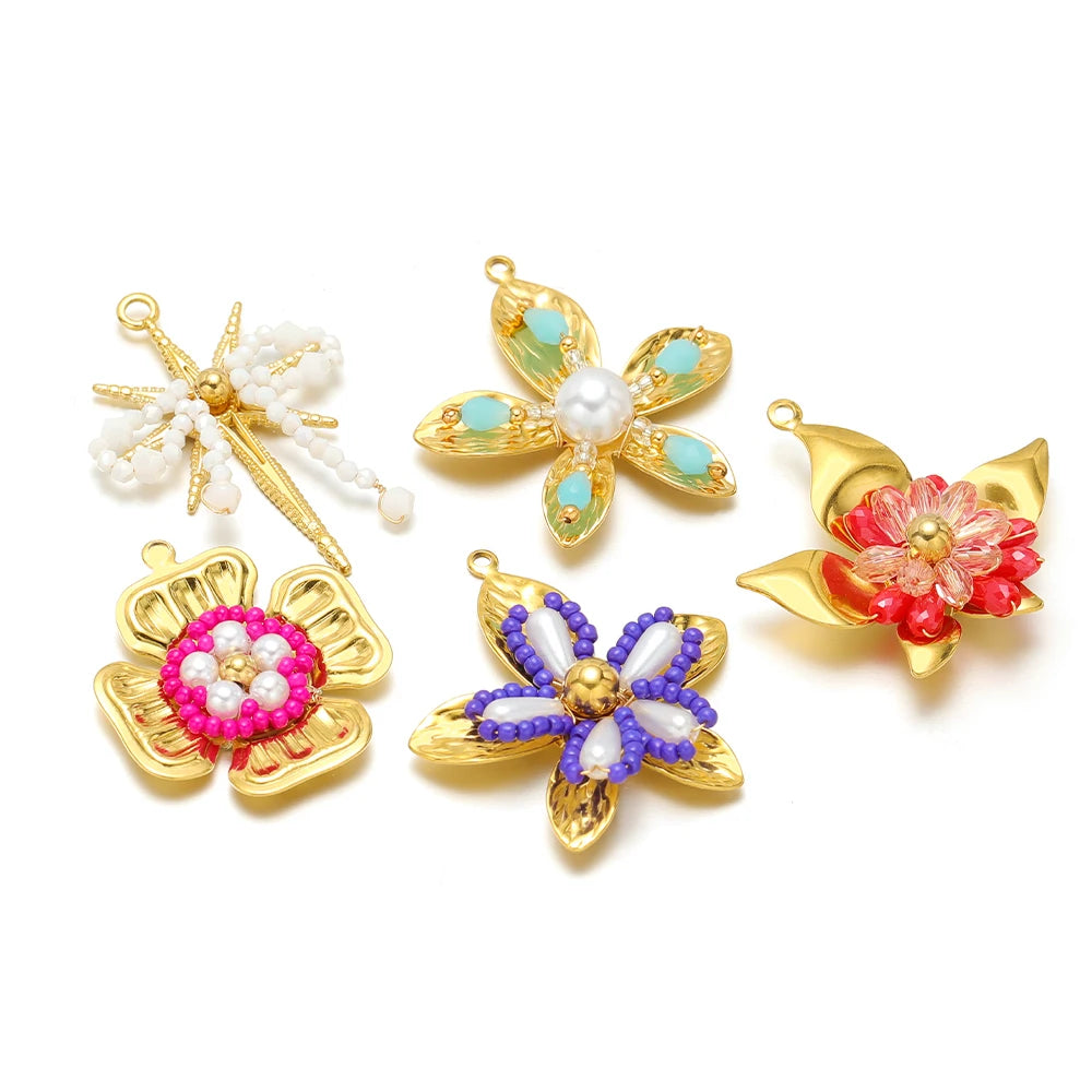 Elegant Designs 18k Gold Plated Stainless Steel Bowknot Flower Crystal Bead Charm Pendant for Jewelry Making Accessories