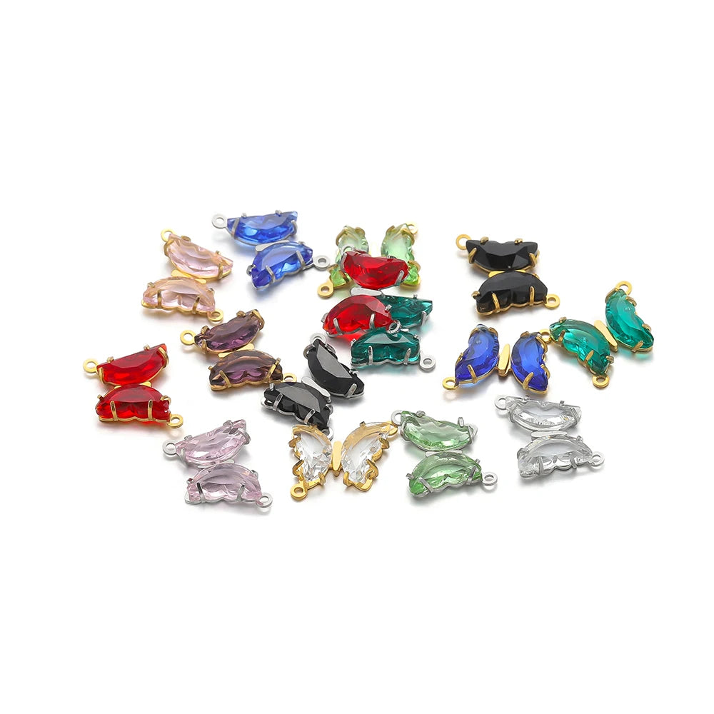 Colorful PendantStainless Steel Gold Plated Double Hole Butterfly Crystal Stone Charm Pendant for Necklace Jewelry Making