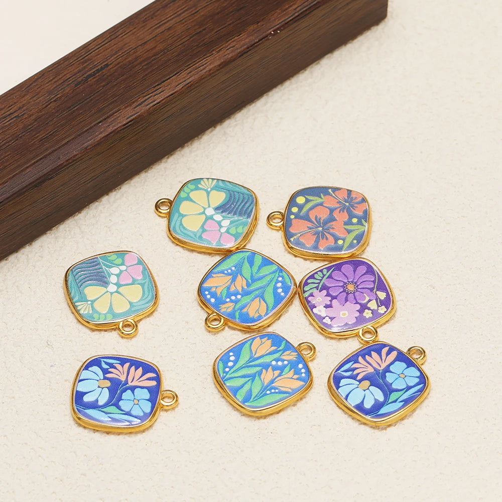 Trendy Stainless Steel 18k Gold Plated Enamel square Flower Charm Pendant for Diy Jewelry Making Wholesale