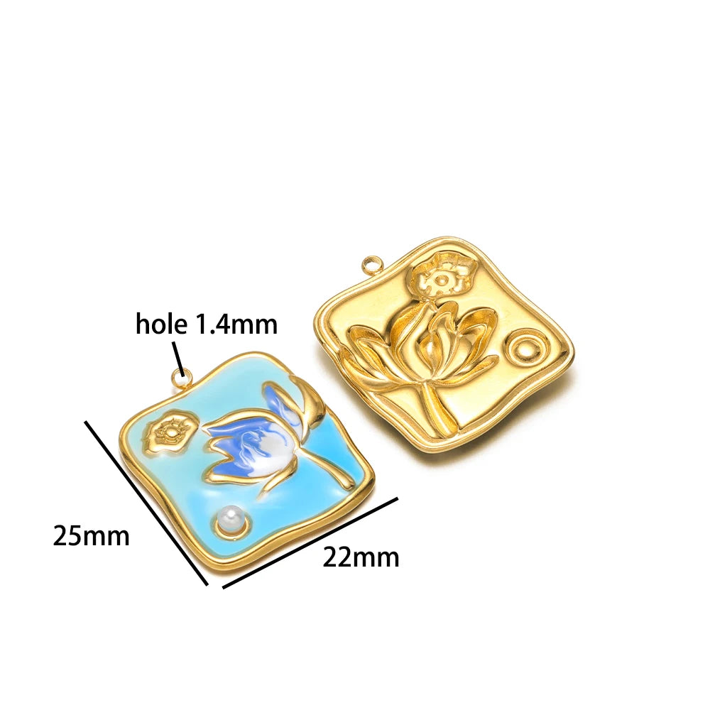 Exquisite Oil Drop Painted Flower Charm 18k Gold Plated Stainless Steel Enamel Round Square Pendant for Necklace Jewelry Making
