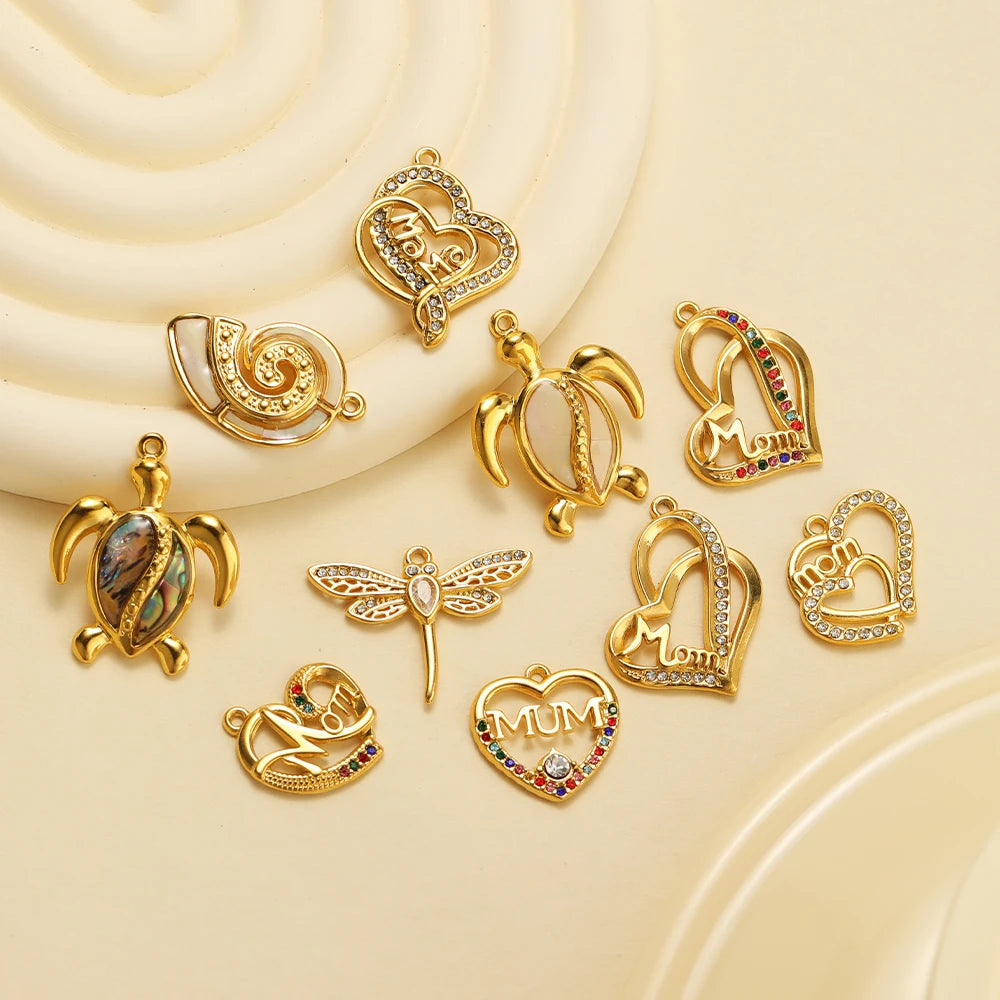 High Quality Stainless Steel Gold Plated Enamel Turtle Conch Starfish Dragonfly Heart Charms Pendant for Jewelry Necklace Making