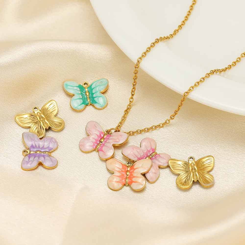 New  Fashion 18k Gold Plated Stainless Steel Enamel Butterfly Charm Pendant for DIY Necklace Jewelry Making  Accessories