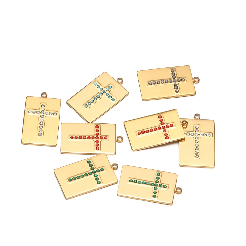 High Quality Stainless Steel 18k Gold Plated Square Cross Zircon Charms Pendant for DIY Jewelry Necklace Making