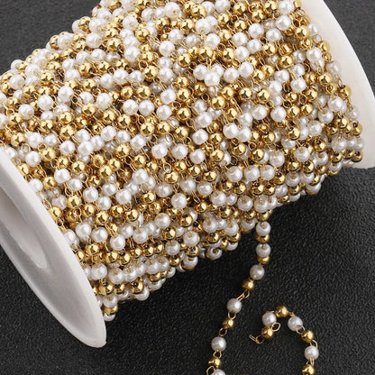 E047 Waterproof Stainless Steel Chain Pearl Bead Chain Spacer Gold Ball Beaded Link Chain for Jewelry Diy