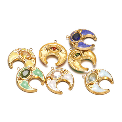 18K Gold Plated 24*22mm Wide Hollow Moon Single-Sided Oil Dripping Point Color Diamond Pearl 1.5mm Single-Hole Light Green