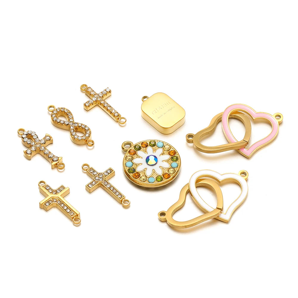 Double Heart Charm Stainless Steel Gold Plated Zircon Heart Cross Charm Pendant for DIY Jewelry Making Accessories Findings