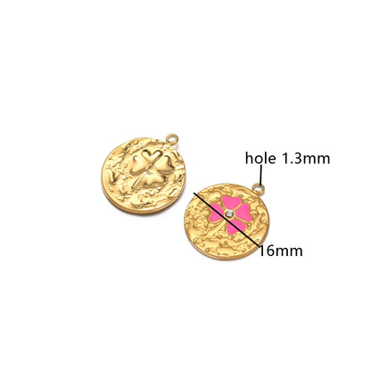 New Product Stainless Steel 18k Gold Plated Enamel Four Leaf Clover Crumpled Round Charm Pendant for Jewelry Necklace Making