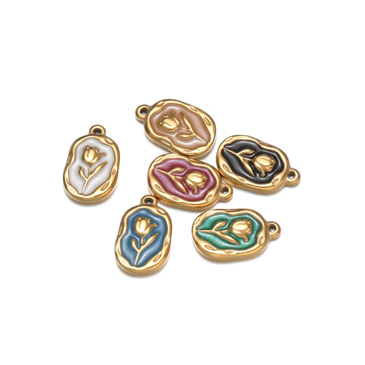 18K Gold Plated Stainless Steel Enamel Flower Pendant Findings for Necklace Earrings Garment Making
