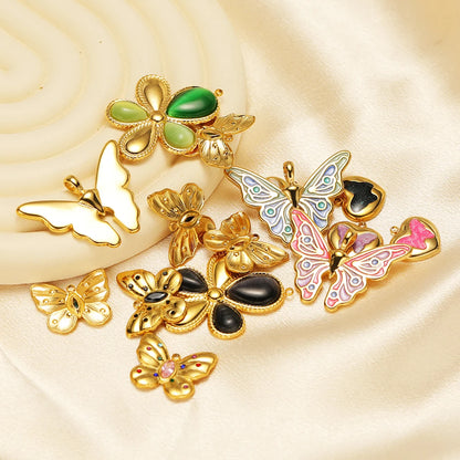 Popular Fashion 18k Gold Plated Stainless Steel Drip-oil Butterfly Flower Heart Charm Pendant for Women Jewelry Making