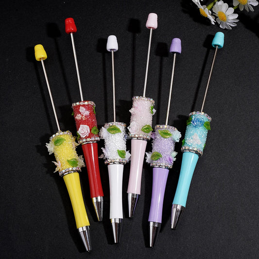 Andmade Sugar Bead Beadable Pen Green Leaf Flower Butterfly Decor Durable Ballpoint Pen Bulk