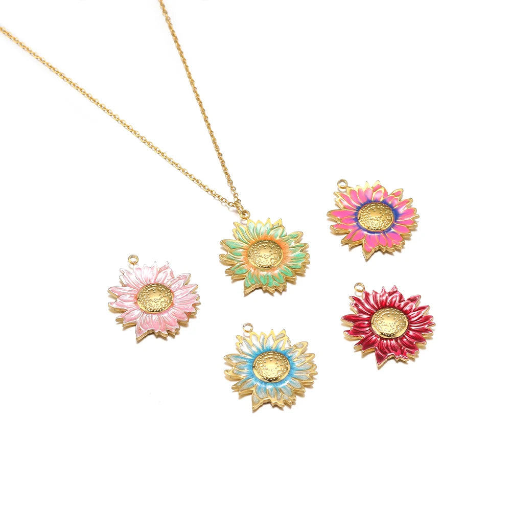 Diy Handmade Jewelry Accessories Stainless Steel 18k Gold  Enamel Sunflower Charms Pendant for Jewelry Earrings Necklace Making