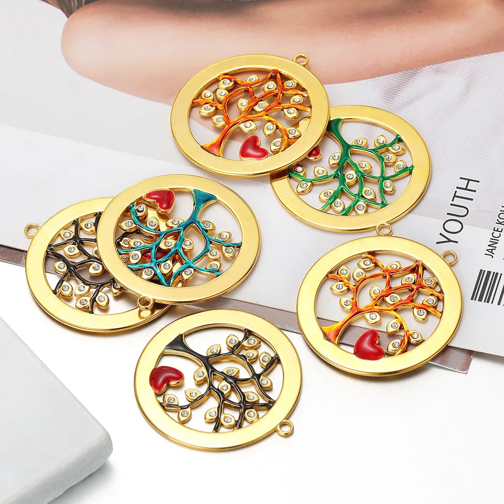 Vintage Stainless Steel18k Gold Plated Hollow Round Charm Shiny Zircon Tree of Life  Charms Pendant for DIY Jewelry Making