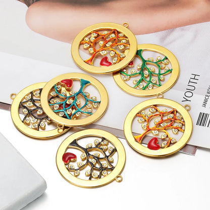 Vintage Stainless Steel18k Gold Plated Hollow Round Charm Shiny Zircon Tree of Life  Charms Pendant for DIY Jewelry Making