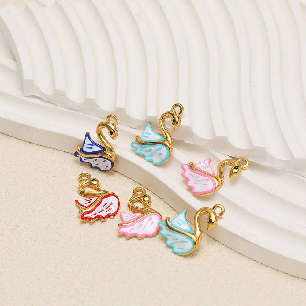 Wholesale Stainless Steel18k Gold Plated Enamel Swan Charms Pendant for DIY Jewelry Necklace Earring Making
