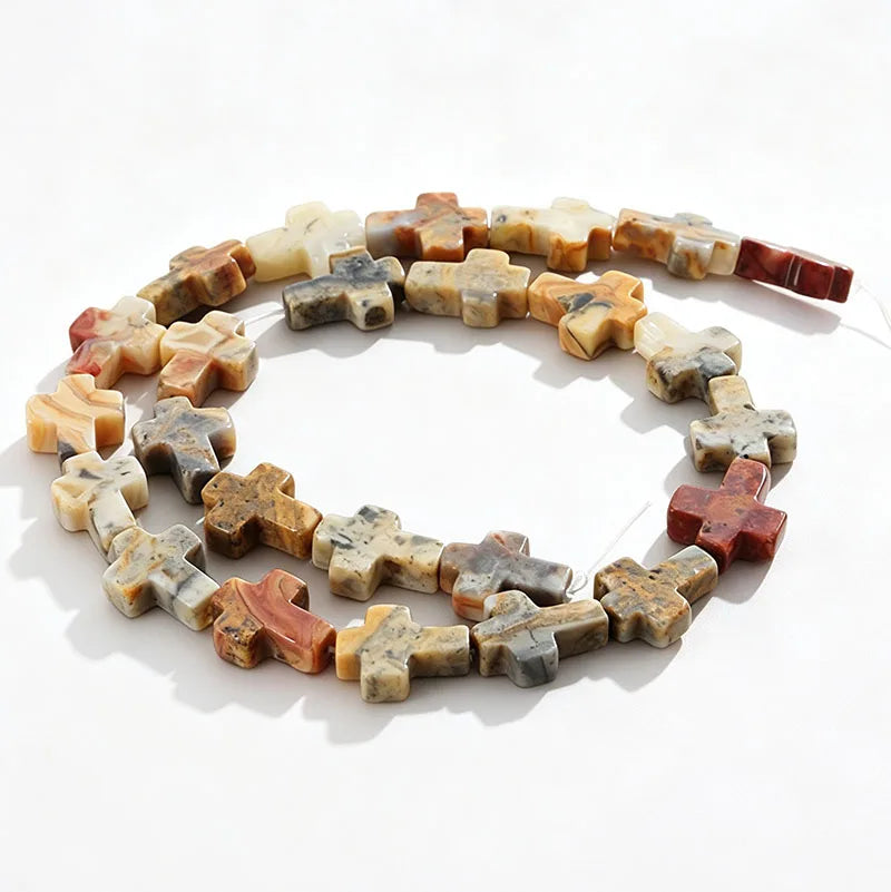 Natural Stone Christian Cross Beads Colorful Stones Loose Beads Strand for DIY Jewelry Making Bracelets Necklaces 12x16x5mm