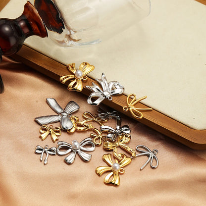 New Handmade DIY Jewelry Accessories 18k Gold Plated Stainless Steel Pearl Bowknot Charm Pendant for Women Jewelry Making