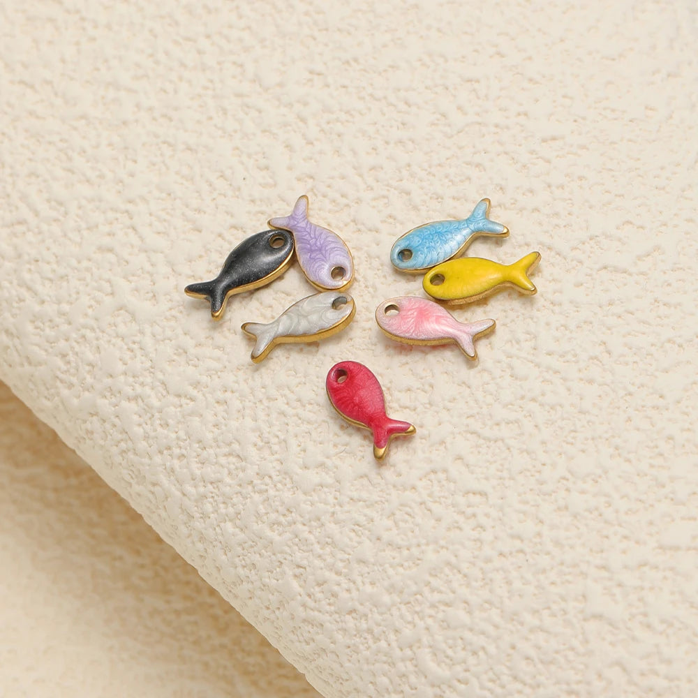 Colorful Enamel DIY  Charm 18k Gold Plated Stainless Steel Fish Charm Pendant for Handmade Necklace Jewelry Making