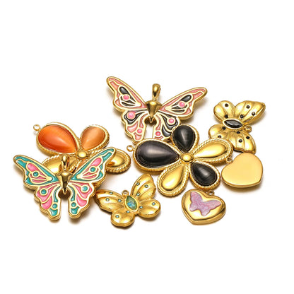 Popular Fashion 18k Gold Plated Stainless Steel Drip-oil Butterfly Flower Heart Charm Pendant for Women Jewelry Making