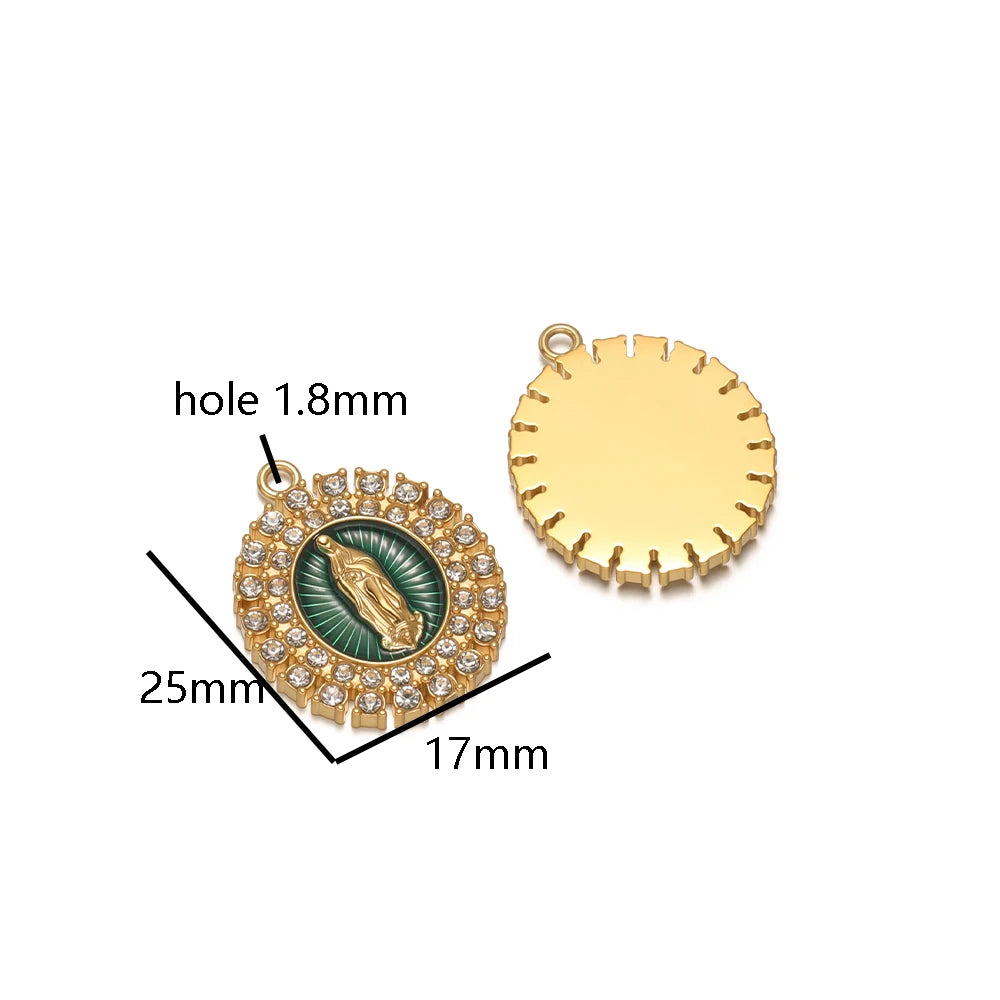 Retro Stainless Steel 18k Gold Plated Enamel Oval Jesus Zircon Charms Pendant for Diy  Religious Jewelry Necklace Making