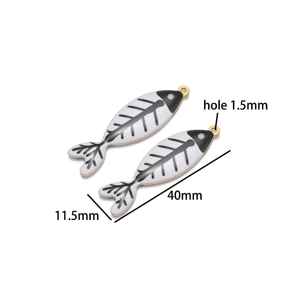 Handmade 18k Gold Plated Stainless Steel Enamel Cute Beach Fishbone Charm Pendant for Jewelry Necklace Making Accessories