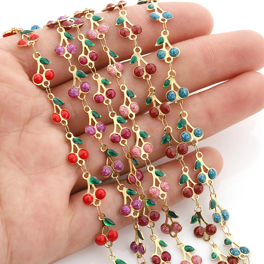 18k Gold Vacuum Plated Stainless Steel Chain Jewelry Making Colorful Enamel Cherry Fruit Beads Chain for Diy