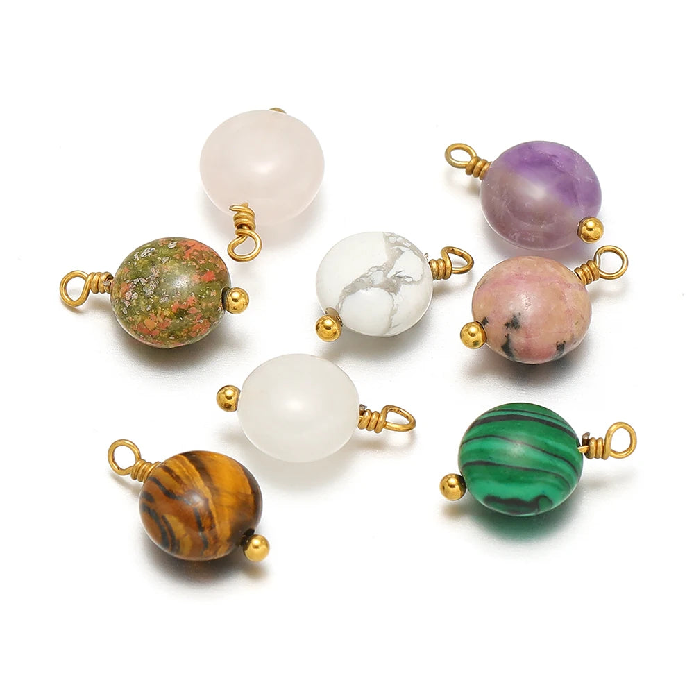 Handmade Stainless Steel 18K Gold Plated 8mm Natural Stone Charm Pendant for Jewelry Necklace Making Wholesale