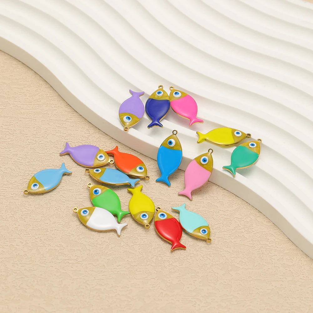 5pcs/bag Children's 18k Gold Plated Stainless Steel Enamel Fish Charm Pendant for Jewelry Necklace Making Accessories