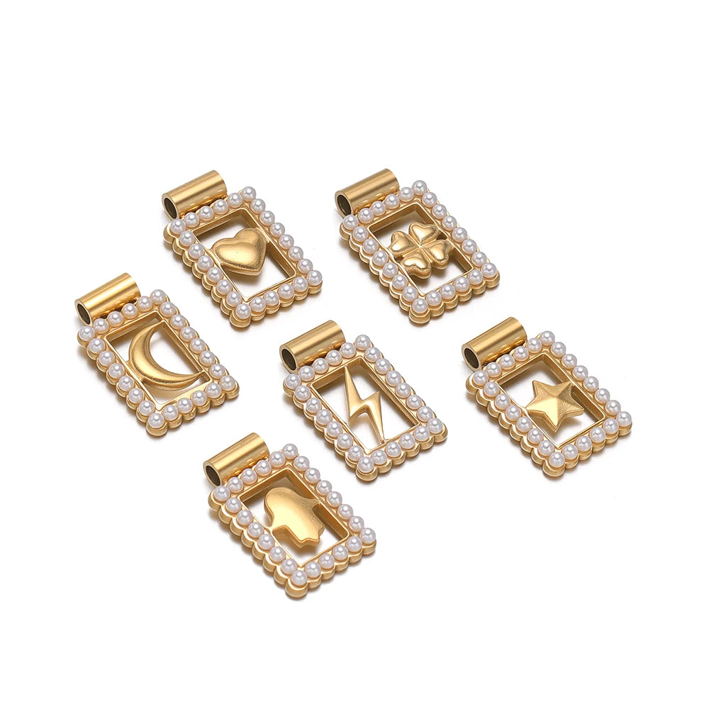 18k Gold Plated Stainless Steel Hollow Rectangular Pearl Four-leaf Clover Star Moon Charm Pendant for Necklace Jewelry Making