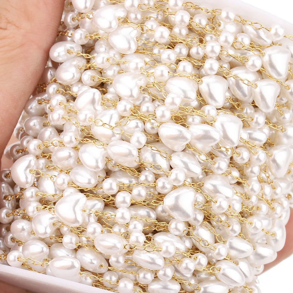 D433 Imitation Pearl Beads Chain Rosary Cross Heart butterfly Link Bulk Roll Stainless Steel Chain for Necklace Bracelet Making