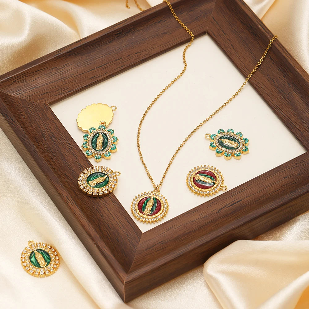 Retro Stainless Steel 18k Gold Plated Enamel Oval Jesus Zircon Charms Pendant for Diy  Religious Jewelry Necklace Making