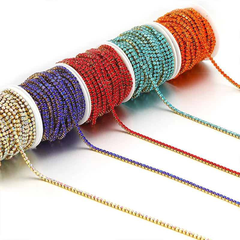 E369 2MM Colorful Rhinestones Chain Colored Bottom and Stones Glass Rhinestones Trimming Crystal Cup Stainless Steel Chain