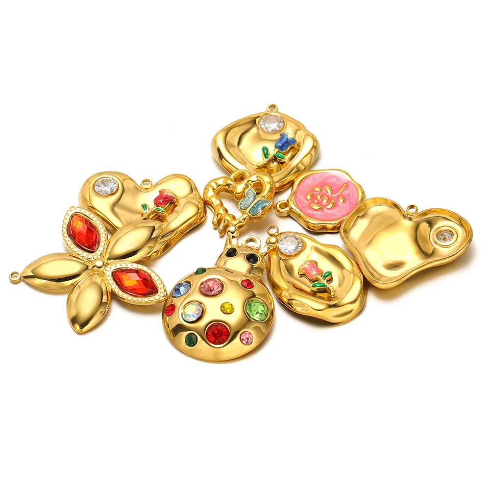 Fashion 18k Gold Plated Stainless Steel Enamel Flower Zircon Heart Key Ladybird Charm Pendant for Jewelry Making Accessories