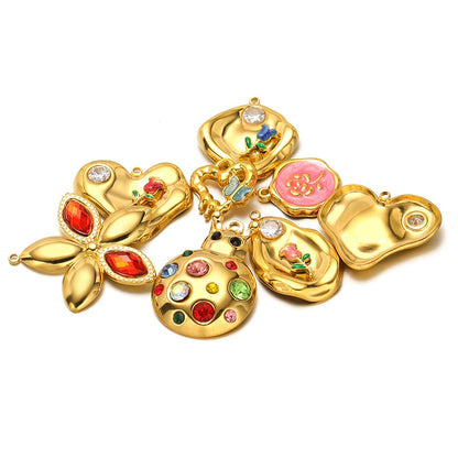 Fashion 18k Gold Plated Stainless Steel Enamel Flower Zircon Heart Key Ladybird Charm Pendant for Jewelry Making Accessories