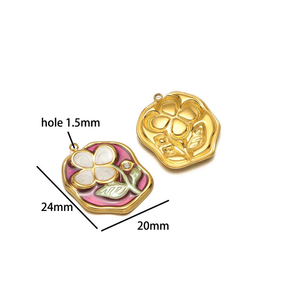 Exquisite Oil Drop Painted Flower Charm 18k Gold Plated Stainless Steel Enamel Round Square Pendant for Necklace Jewelry Making
