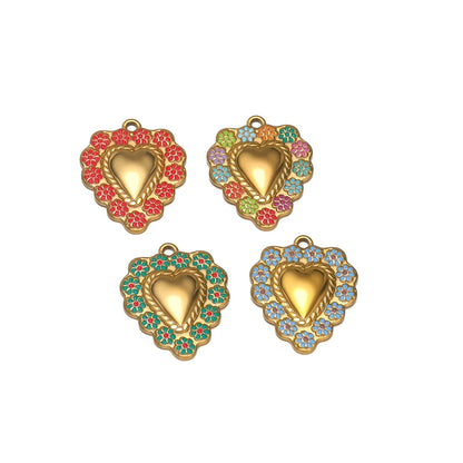 Hot Selling 304 Stainless Steel 18k Pvd Gold Plated Flower Pattern Heart Charm Pendant for Jewelry Necklace Making
