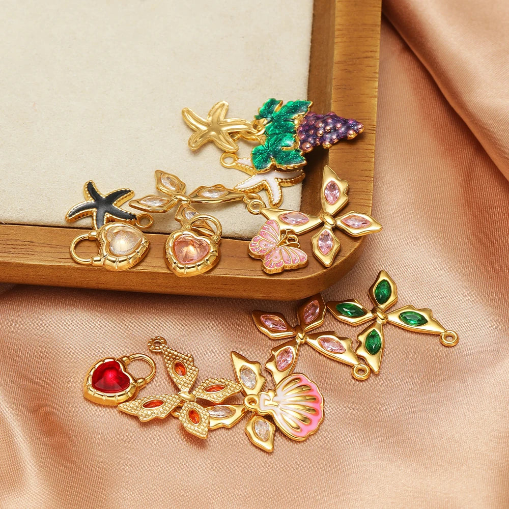 Hot Selling 18k Gold Plated Stainless Steel Enamel Butterfly Heart Shell Starfish Charm Pendant for DIY Necklace Jewelry Making