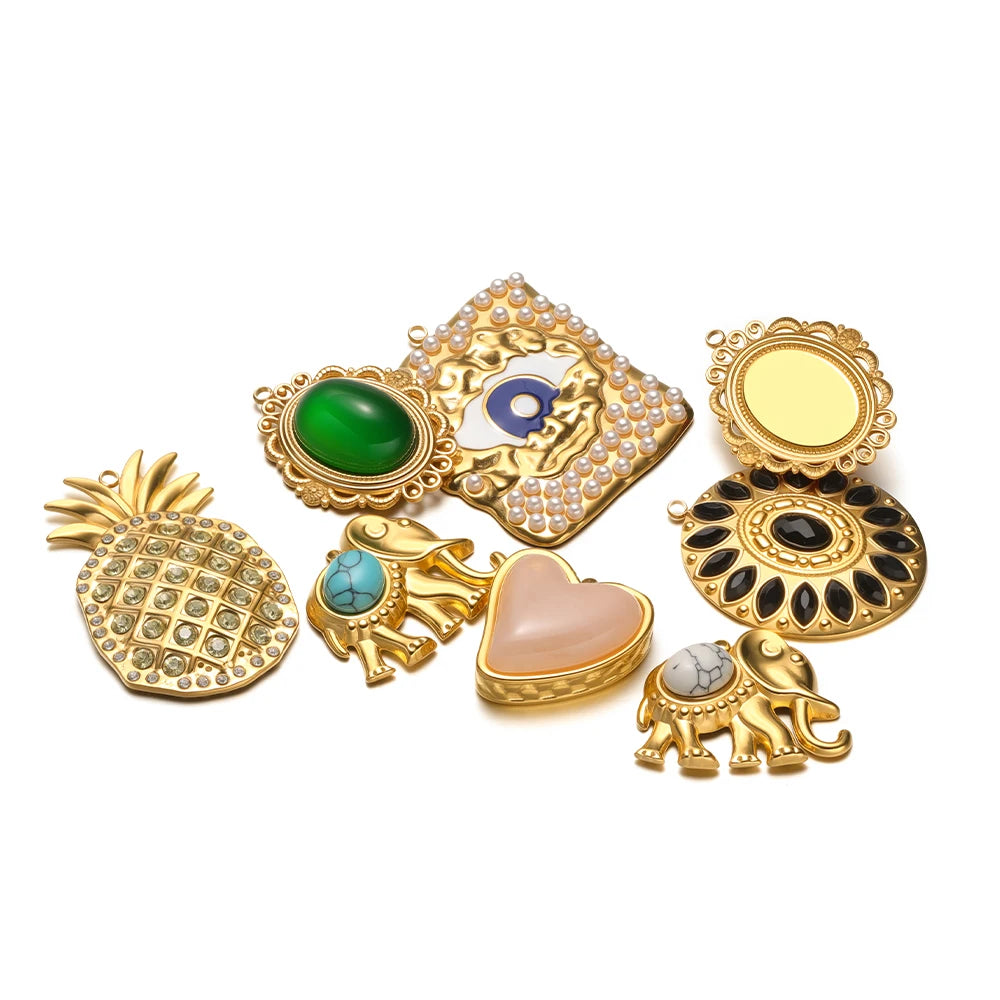 Wholesale Stainless Steel 18k Gold Plated Enamel Elephant Pineapple Heart Zircon Charm Pendant for Jewelry Necklace Making