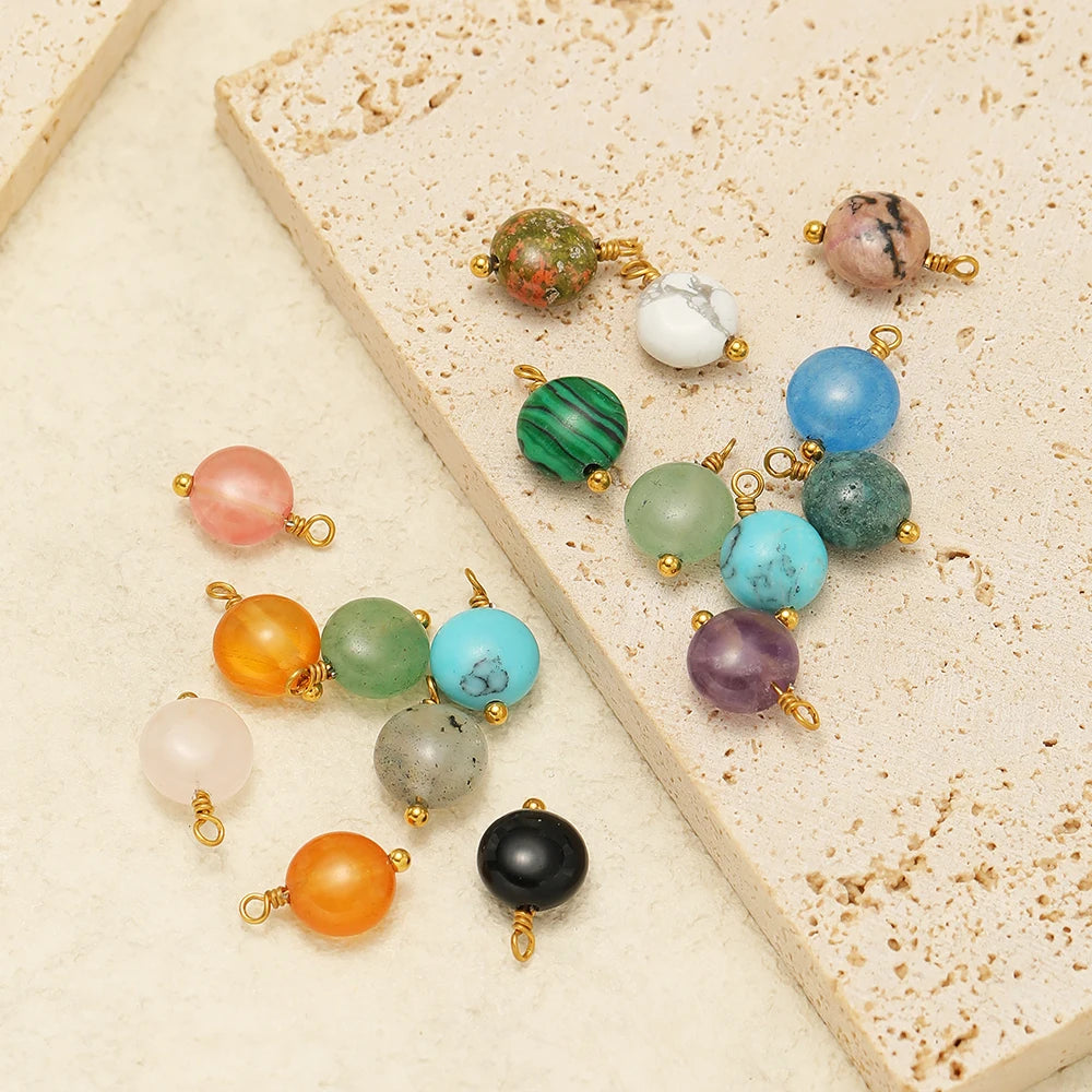 Handmade Stainless Steel 18K Gold Plated 8mm Natural Stone Charm Pendant for Jewelry Necklace Making Wholesale