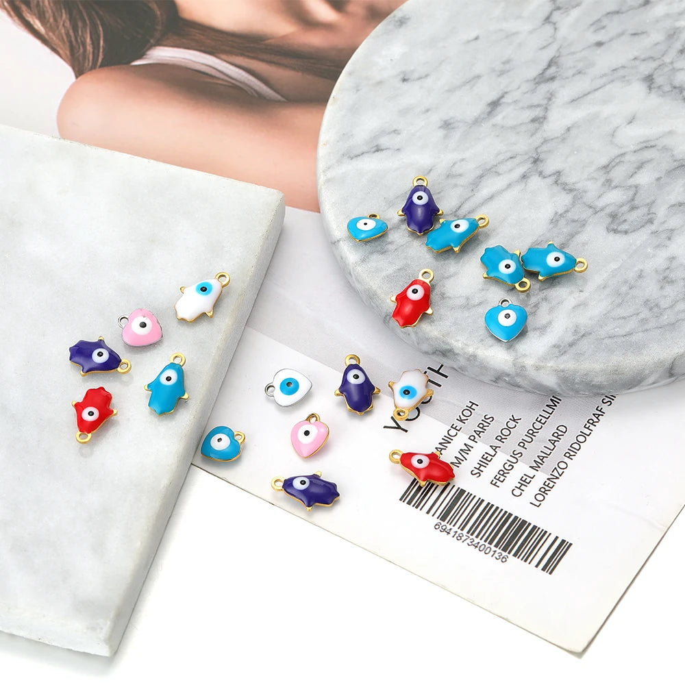 Wholesale 18k Gold Plated Stainless Steel  Eyes Charms Enamel Heart Palm Pendants for DIY Necklace Jewelry Making Accessories