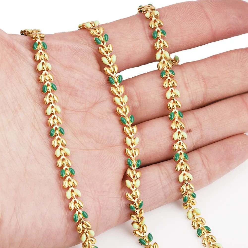 A2157 Fashion Good Quality 18k Gold Stainless Steel Necklace Chain Enamel Leaf Colorful Chain Jewelry Diy