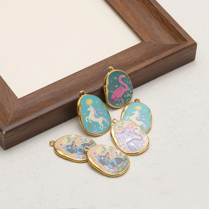 Cute Animal Pattern Oval Charms Gold Plated Enamel Pendant with Flamingo Dog Cat Unicorn DIY Jewelry Making Supplies