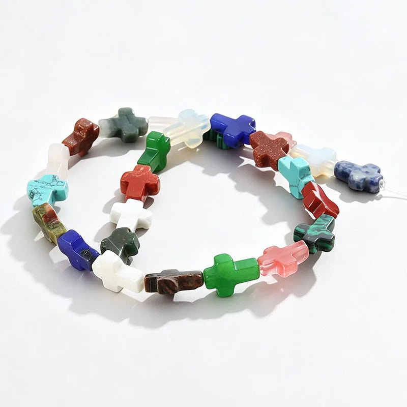 Natural Stone Christian Cross Beads Colorful Stones Loose Beads Strand for DIY Jewelry Making Bracelets Necklaces 12x16x5mm