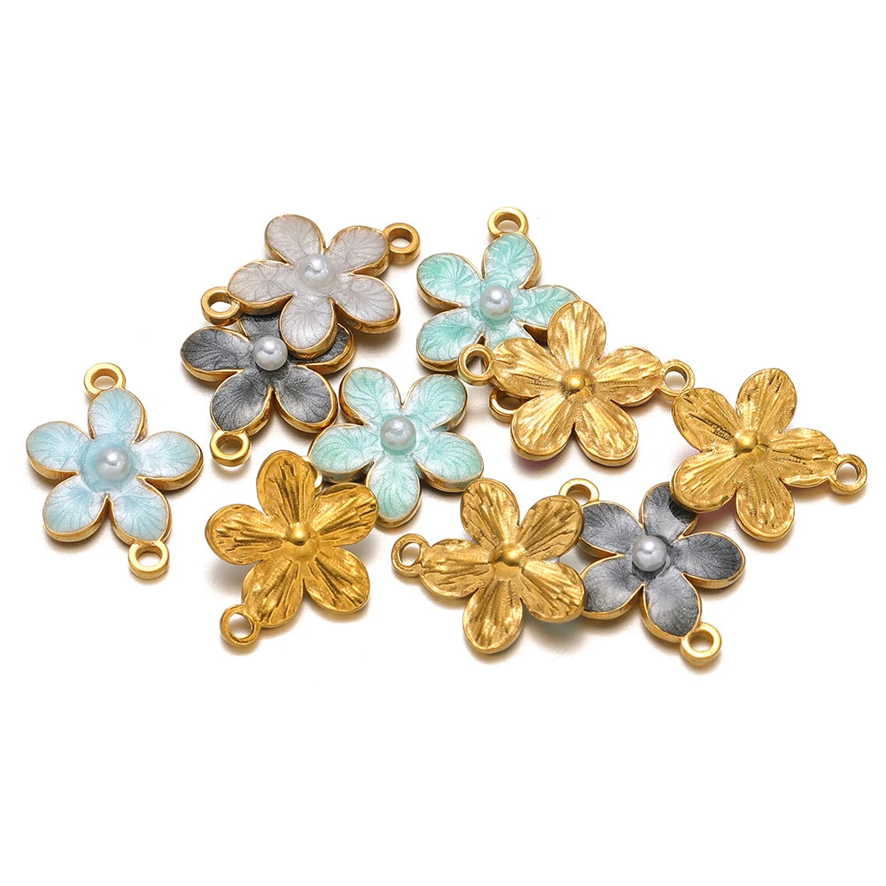 Enamel Flower Charms 18k Gold Plated Stainless Steel Double Hole Flower Pearl Charm Pendant for DIY Jewelry Making Accessories