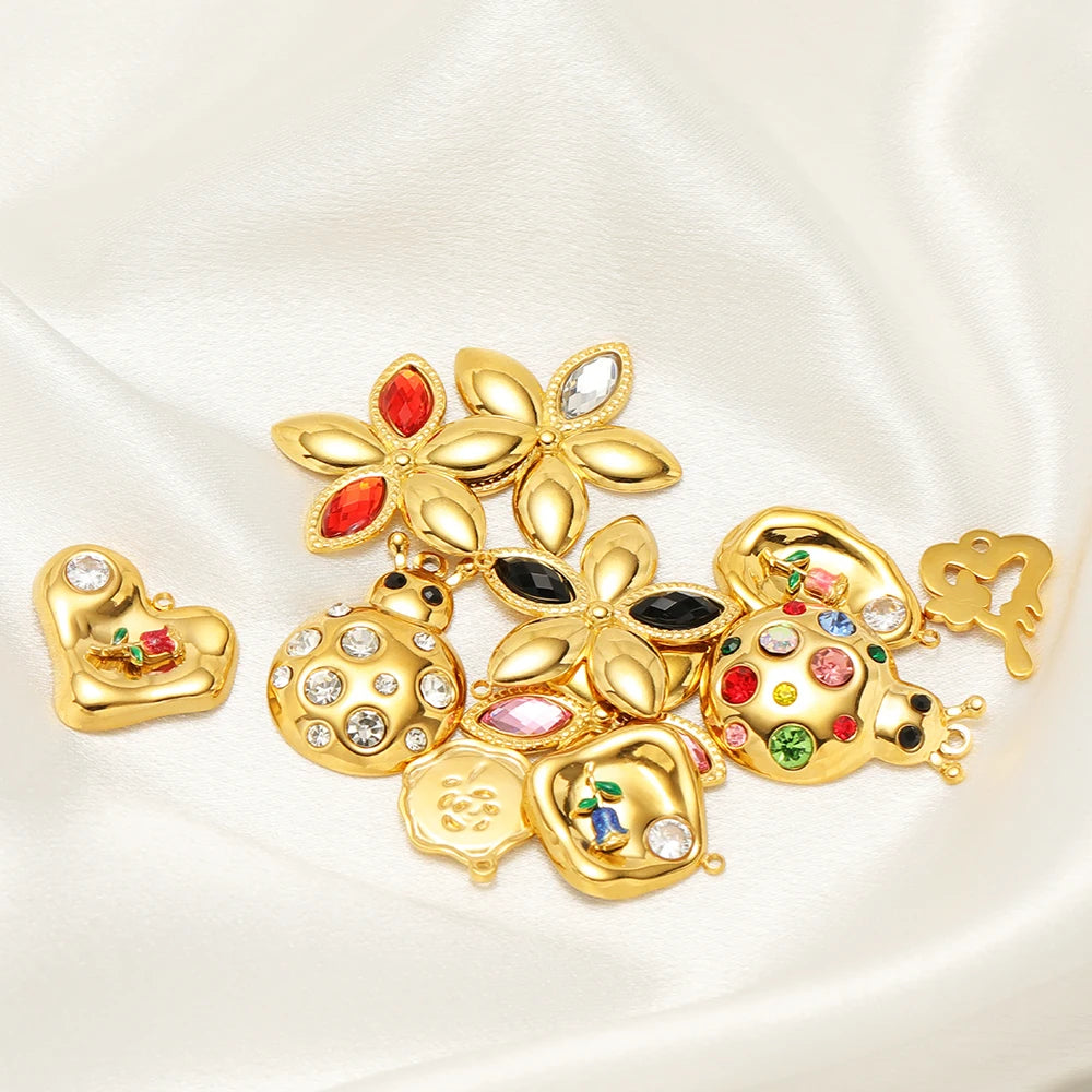 Fashion 18k Gold Plated Stainless Steel Enamel Flower Zircon Heart Key Ladybird Charm Pendant for Jewelry Making Accessories