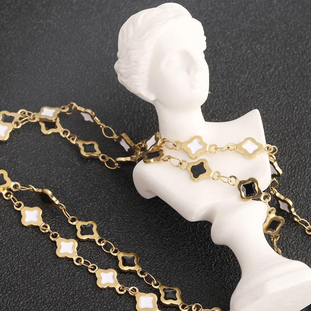 D480 Wholesale Fashion Jewelry Double-Sided Four-Leaf Clover Chains 18k Gold Stainless Steel Bulk Enamel Chains