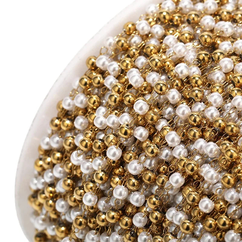 A2704 Fashion Gold Stainless Steel Chain 3mm Pearl Beads Link Chain for Necklace Bracelet Making Diy
